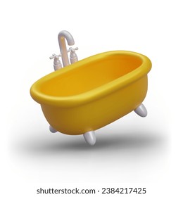 Colorful golden bath in realistic style on white background. 3d home bathroom, washing and cleaning, hygiene concept. Vector illustration in 3d style with place for text