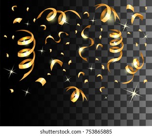 Colorful Golden Confetti. Vector Festive Illustration of Falling Shiny Confetti Isolated on Transparent Checkered Background. Holiday Decorative Tinsel Element for Design.