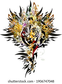 Colorful and golden lion head splashes. Golden and floral motifs with elements of feathers in the head of a lion for cards, posters, prints on T- shirts, tattoos, textiles, wallpaper, etc.