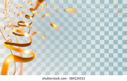 Colorful Golden serpentine, Confetti. Vector Festive Illustration of Falling Shiny Confetti Isolated on Transparent Checkered Background. Holiday Decorative Tinse