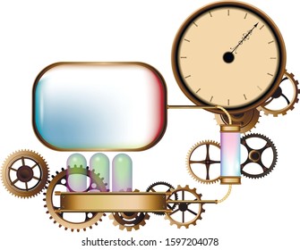 Colorful golden steampunk background and screen. Frame and vintage clock, flakon, bulb, cogs and gears. Vintage set.