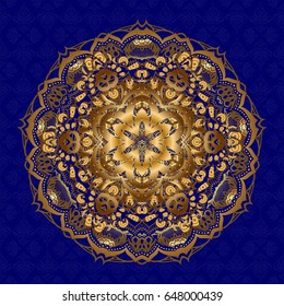 Colorful golden tile mandala on a blue background. Intricate elements for wallpaper, gift paper, fabric print, furniture. Unusual vector ornament decoration. Boho abstract seamless background pattern.