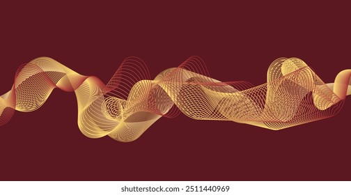 Padrão De Linhas De Onda Dourada Colorido Abstrato No Fundo Vermelho Escuro. Banner moderno. Papel de parede. Ilustração de vetor. Plano de Fundo Futurista