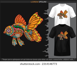 Colorful goldfish mandala arts isolated on black and white t shirt.