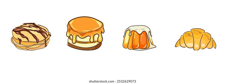 Colorido Vector de postre dorado en estilo línea. Diseño Doodle para tu proyecto. Comida linda en estilo de dibujos animados. Croissant, panqueque y pastel con cobertura. Pudín de panna cotta con crema.