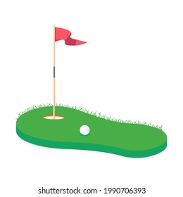 Colorful golf design icon. Green field with grass, red flag, ball, hole on white background. Flat vector illustration.
