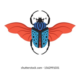 Colorful Goliath beetle icon. Orange and blue spotted beetle with wings, antennae and legs. Entomology giant insect illustration.