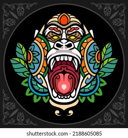 Colorful gorilla zentangle arts isolated on black background