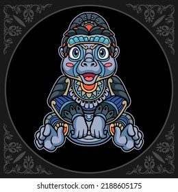 Colorful gorilla zentangle arts isolated on black background