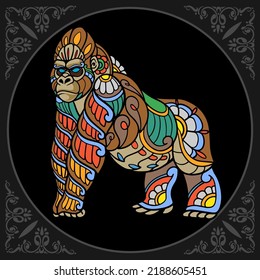 Colorful gorilla zentangle arts isolated on black background
