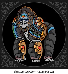 Colorful gorilla zentangle arts isolated on black background