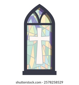 Colorful gothic arch stained glass window is showing a white christian cross symbol, perfect for religious themes