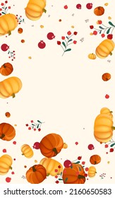 Colorful Gourd Background Beige Vector. Leaves Vintage. Green Food Border. October Texture. Orange Rowan Nature Banner.