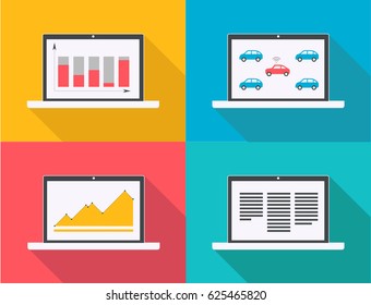 Colorful GPS and analysis square concept with diagrams graphs charts and car positioning on laptops isolated vector illustration