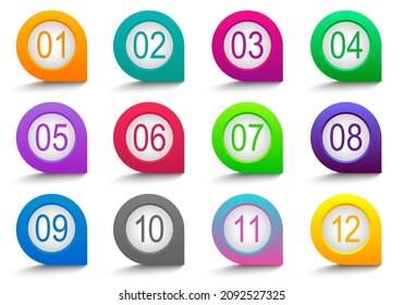 Colorful gradient 3D arrow bullet point set with number from 1 to 12. Vector Illustration
