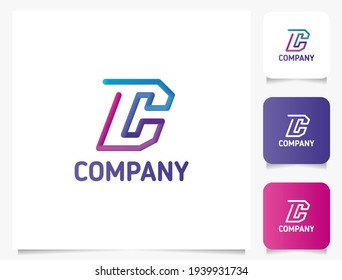Colorful gradient 3d line letter C monogram initial logo with three icons