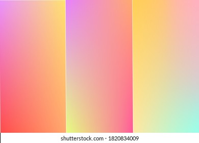 Colorful gradient abstract seamless vector background set. Soft pastel three vertical vectors set, smooth color blend wallpaper design with trendy warm colors to use as banner, poster or brochure