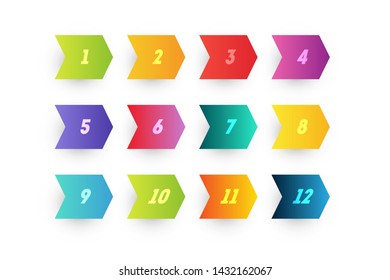 Colorful gradient arrow bullet point numbers 1 to 12 isolated on white background