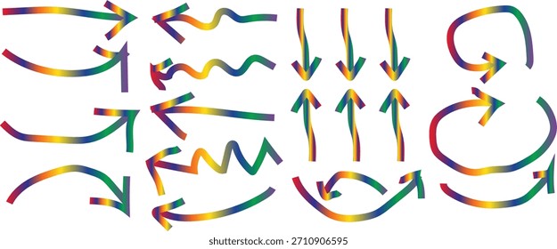 Conjunto de flechas de degradado colorido: flechas curvas, onduladas, redondas y rectas Vector
