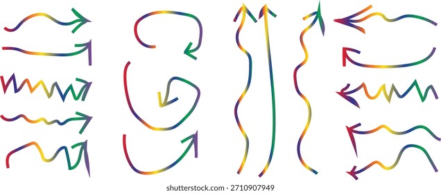 Colorful Gradient Arrow Set – Curved, Wavy, Zigzag and Loop Direction Arrows Vector
