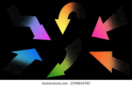 Colorful gradient arrows with grainy texture, pointing in different directions on a black background.