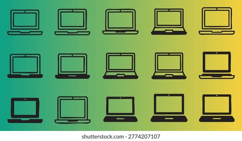 Colorful gradient background with multiple laptop icons arranged in neat rows