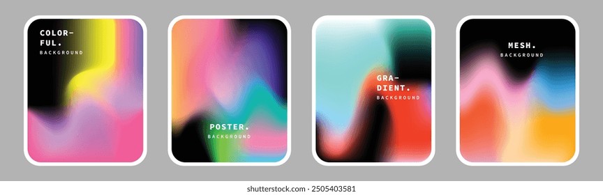 Colorful gradient background set. Modern poster design. Blurred light backdrop template bundle. Liquid vibrant graphic element.