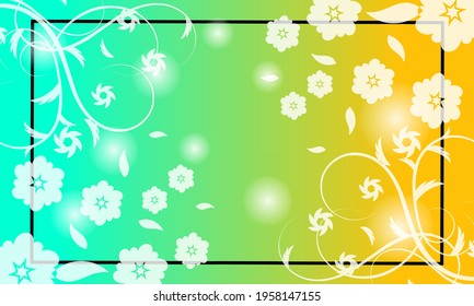 Colorful gradient background transitioning from teal to orange with white floral shapes, swirling vines, and soft glowing lights.