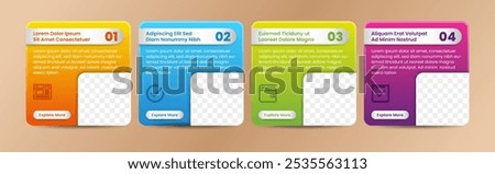 colorful gradient background vector Infographic Company Milestones Timeline Template with photo placeholders. icon design in four steps number. square layout design. 