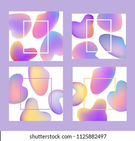 Colorful gradient banners set - trendy abstract fluid color shapes and bubbles on white background with frame and empty space for text. Vector illustration of modern abstract template.