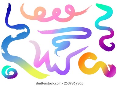 Colorful gradient blend brush lines. Curvy brush strokes isolated on white background. Vector flow set.