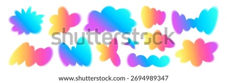Colorful gradient blur groovy blob elements set - rainbow daisy and clouds shapes, organic forms for vintage style. Funky flowers with fluffs, curves and cumulus patterns in retro aesthetic.