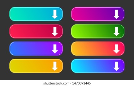 Colorful gradient buttons with arrows. Set of eight modern abstract web buttons. Vector illustration