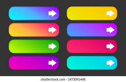 Colorful gradient buttons with arrows. Set of eight modern abstract web buttons. Vector illustration