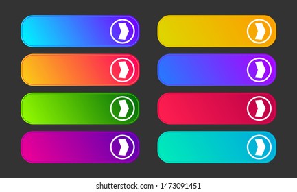 Colorful gradient buttons with arrows. Set of eight modern abstract web buttons. Vector illustration