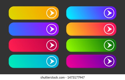 Colorful gradient buttons with arrows. Set of eight modern abstract web buttons. Vector illustration