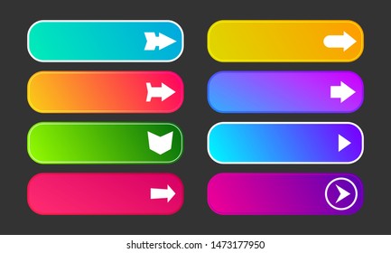 Colorful gradient buttons with arrows. Set of eight modern abstract web buttons. Vector illustration
