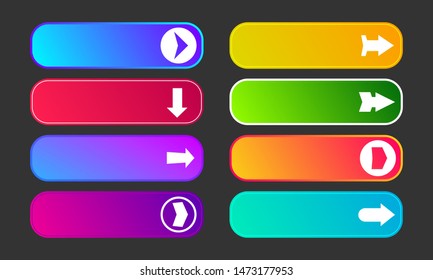 Colorful gradient buttons with arrows. Set of eight modern abstract web buttons. Vector illustration