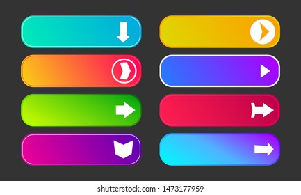 Colorful gradient buttons with arrows. Set of eight modern abstract web buttons. Vector illustration