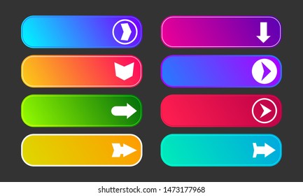 Colorful gradient buttons with arrows. Set of eight modern abstract web buttons. Vector illustration