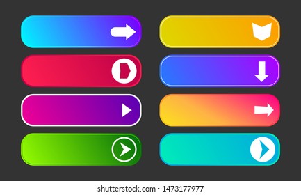 Colorful gradient buttons with arrows. Set of eight modern abstract web buttons. Vector illustration