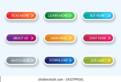 Colorful gradient buttons. Learn more and about, continue reading and navigation vector rectangular shopping action button icons