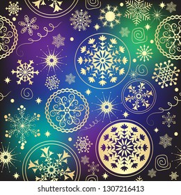 Colorful gradient Christmas seamless pattern with golden snowflakes and stars, vector eps 8
