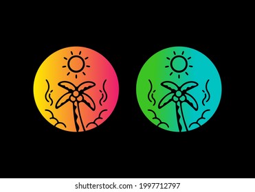 Colorful gradient color of Coconut tree and sun line art badge design