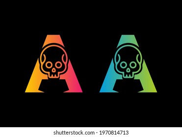 Colorful gradient color of A initial letter with skull line art illustration design