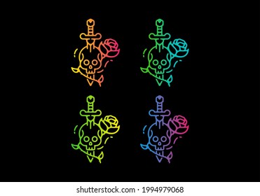 Colorful gradient color of skull sword and rose tattoo illustration design
