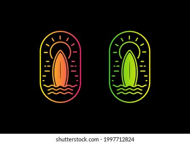 Colorful gradient color of Surfing board and sun line art badge design