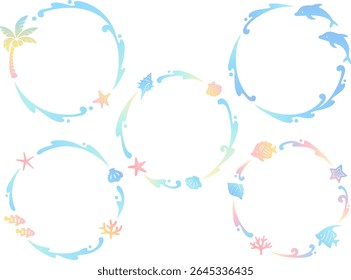 Colorful gradient colored sea creatures and waves ring frame illustration set