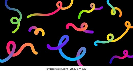Colorful gradient curly lines on black. Perfect for festive, abstract, or modern digital design elements and backgrounds