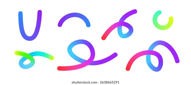 Colorful gradient curvy shapes set. Wavy squiggles abstract outlines collection. Decorative loop doodles. Iridescent curved figures. Vector gradations irregular strokes. Creative random path.